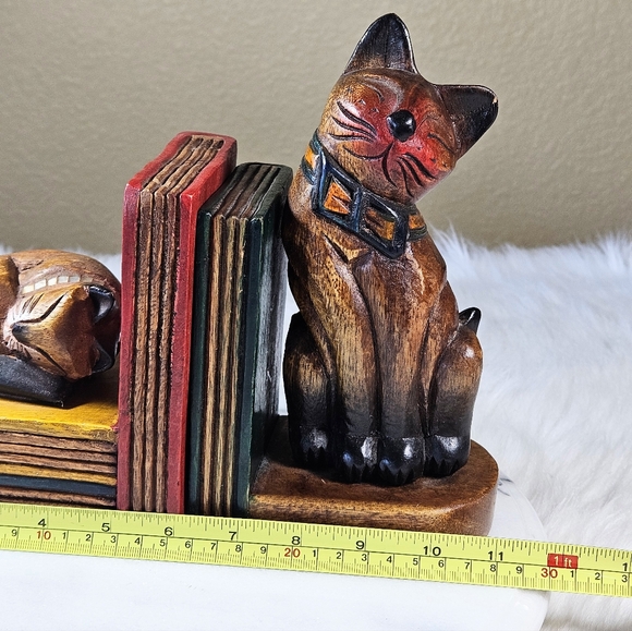 Vintage Hand Carved Heavy Wooden Cat Kitten Bookend Set From Thailand MCM - Picture 8 of 12